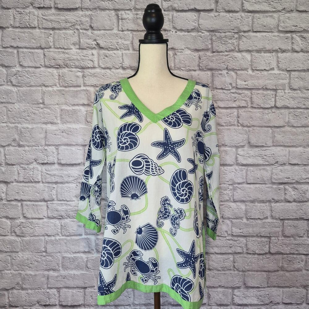 Gretchen Scott Sea Creature Starfish Seashell Tunic Cover Up Top Blue Green Sz M - Picture 2 of 9